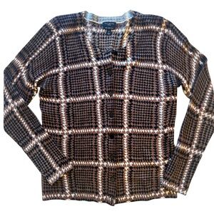Talbots Petites 100% merino wool black and brown patterned‎ cardigan.